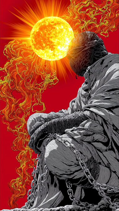 A dramatic manga-style illustration depicts a hooded, chained figure with flames rising behind them against a red background featuring a large yellow sun.