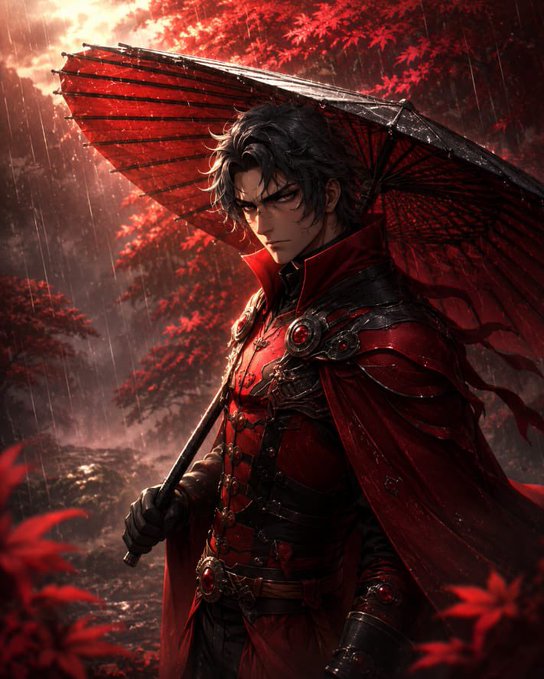 A dramatic anime-style warrior in red armor stands under a red umbrella in the rain, with a red forest in the background. This imagery might represent the user's hopes for a bold and prosperous new month, aligning with the mention of "gigs" and "USDT," which could imply success and financial gain.