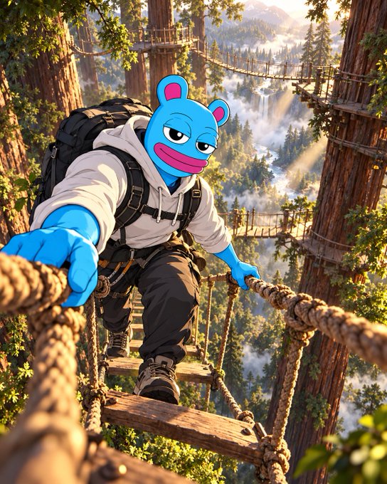 A blue cartoon bear character with a mischievous grin, wearing a white hoodie and backpack, climbs a wooden suspension bridge in a misty forest.