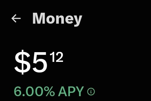 A money account screen displaying a balance of $5 with 12 cents and a 6.00% APY rate on a black background.