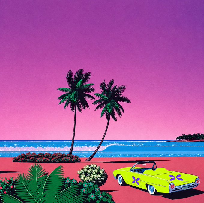A vibrant vaporwave-style illustration depicting a bright yellow convertible car parked on a beach with palm trees against a pink and purple gradient sky.