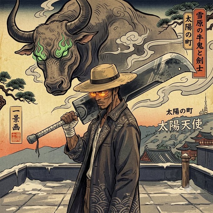 A Japanese-style ukiyo-e illustration showing a man with glowing orange eyes, wearing a straw hat and dark robe, holding a large sword on his shoulder, with a ghostly bull-like demon behind him and Japanese text including '太陽天使'.
