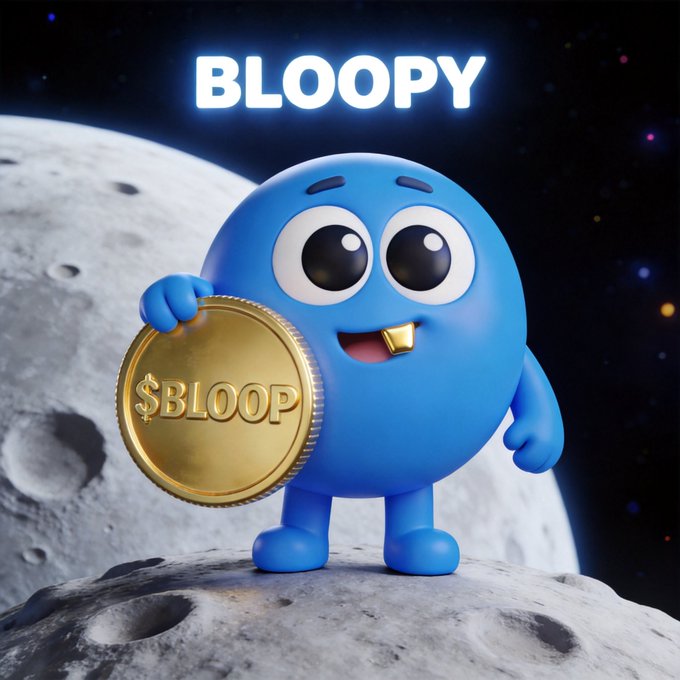 A 3D-rendered blue cartoon character named 'BLOOPY' standing on a moon's surface against a starry space backdrop, holding a gold coin inscribed with '$BLOOP.'