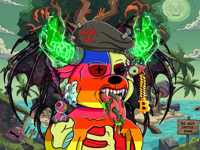 The image presents a cartoon dog holding a toy with a monster on its mouth, surrounded by colorful elements that resemble skulls and various mythical creatures such as dragons or mermaids. The background depicts the phrase "Running of the Bulls" and "BullBears X", and there is also an "@BullBearsX sale! Running of the Bulls" message at the bottom. This post appears to be related to a new collection of BullBears, possibly featuring a popular cartoon character from their past or a new introduction that includes the current creature depicted in the image along with other mythical elements.