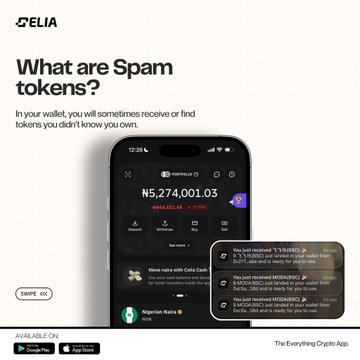 A promotional image for the Elia Crypto App featuring the headline "What are Spam tokens?" with explanatory text about receiving unfamiliar tokens in crypto wallets. The image displays a smartphone showing a wallet balance of ₦5,274,001.03 with "BALANCE IN USD" notation, alongside a chat interface listing suspicious tokens like "XERC20" and "NGNNG" marked as "received" and "received" with warnings about spam tokens, reinforcing the post's message about not interacting with random tokens that appear in your wallet.