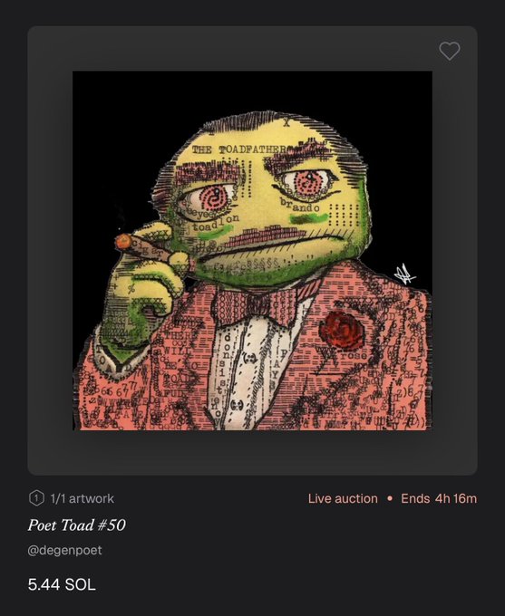 A mobile screen displays an artwork titled 'Poet Toad #50' by @degenpoet, depicting a toad in a pink suit with a rose lapel pin, created from text and stamps, with a current bid of 5.44 SOL.