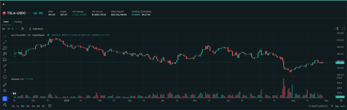 A stock trading chart for TSLA-USDC shows Tesla (TSLA) trading around $251.91 with a -1.80% change, displaying candlestick data from January 2025 to August.