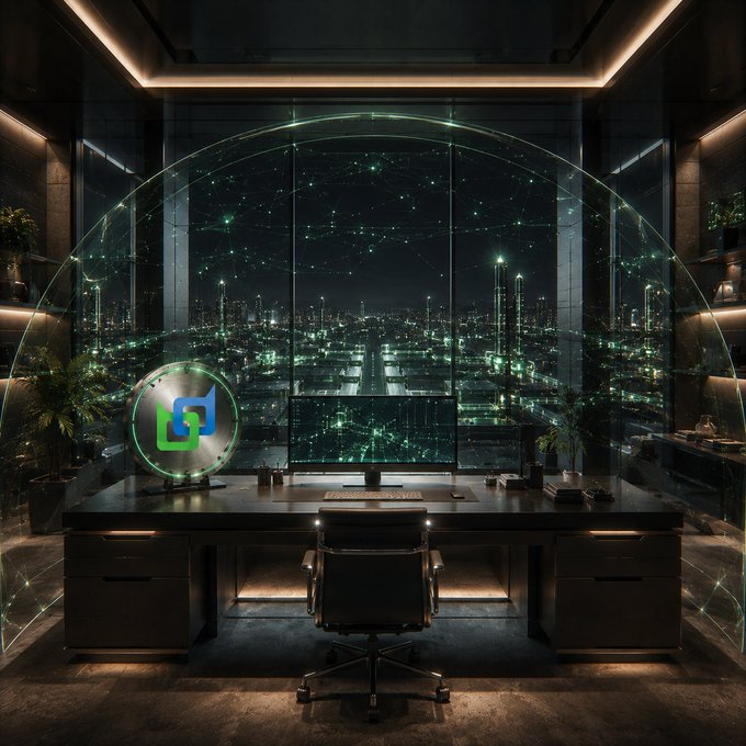 A futuristic neon-lit office setup overlooking a glowing green cityscape at night, featuring a dual-monitor desk and a green holographic logo disc.