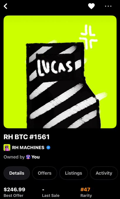 An NFT marketplace listing shows 'RH BTC #1561' by RH MACHINES, depicting a black and white striped 'LUCAS' painting, currently owned by the user with a best offer of $246.99 and a rarity rank of #47.