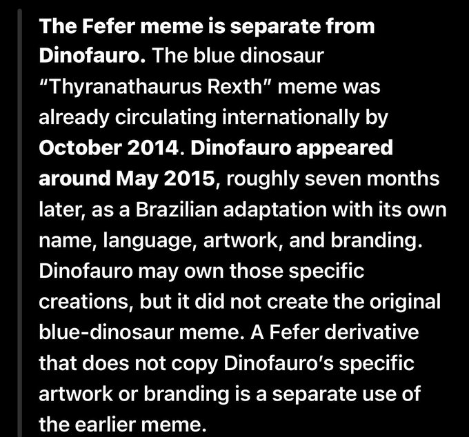 A text block explaining that the 'Fefer' meme is separate from 'Dinofauro,' noting the blue dinosaur 'Thyranathaurus Rexth' meme circulated internationally by October 2014, while Dinofauro appeared around May 2015.