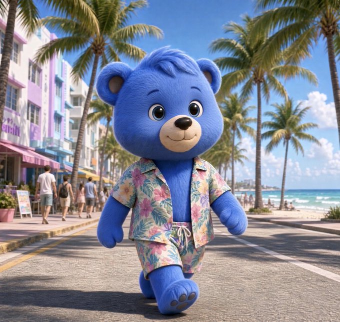 A 3D-rendered blue teddy bear wearing a tropical floral Hawaiian shirt and matching shorts walks down a sunny beachfront street lined with palm trees.
