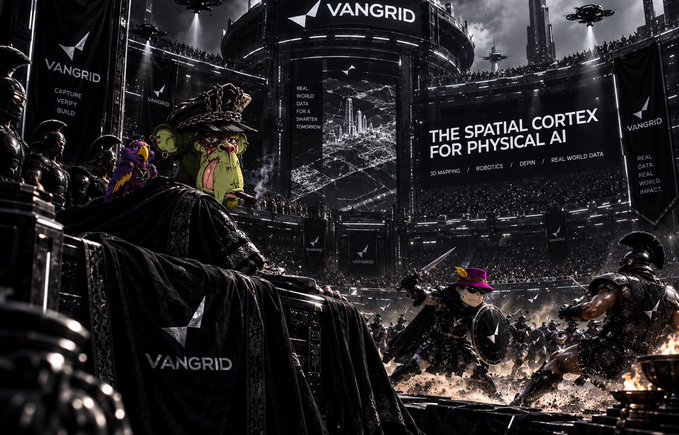 A dark, epic digital artwork shows a crowned frog-like figure and a gladiator in a grand colosseum branded with 'VANGRID' and text reading 'THE SPATIAL CORTEX FOR PHYSICAL AI'.
