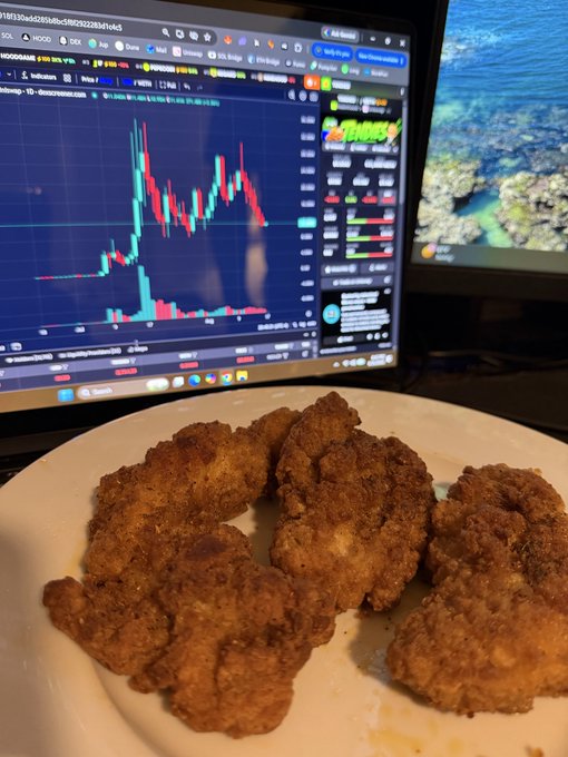 A white plate of fried chicken in the foreground with a computer monitor in the background displaying a cryptocurrency price chart on TradingView, showing what appears to be SOL token with a significant price spike.