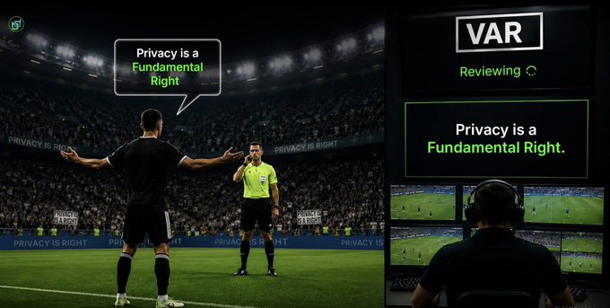 A soccer player argues with a referee while a VAR (Video Assistant Referee) monitor displays 'Privacy is a Fundamental Right' on the sidelines.
