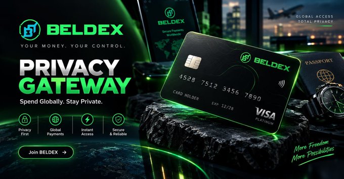 An advertisement for 'BELDEX' featuring a black Visa Platinum card with the tagline 'PRIVACY GATEWAY' and 'Spend Globally. Stay Private.'