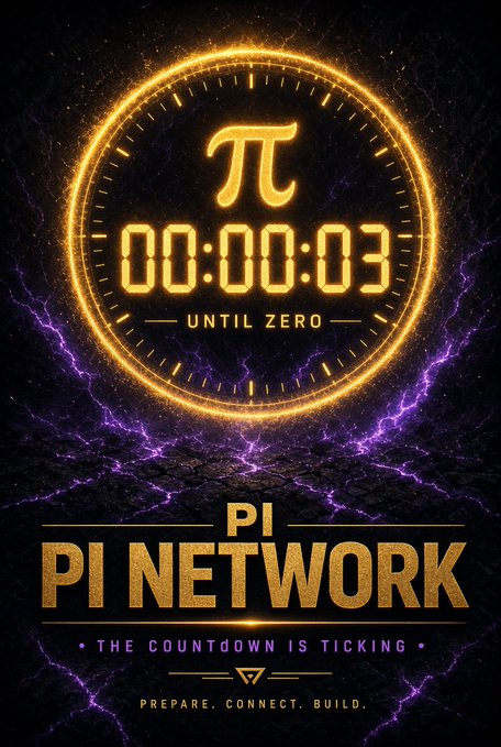 Promotional graphic for 'PI NETWORK' featuring a glowing golden pi symbol and countdown timer reading '00:00:03 UNTIL ZERO', with the tagline 'THE COUNTDOWN IS TICKING' and 'PREPARE. CONNECT. BUILD.'