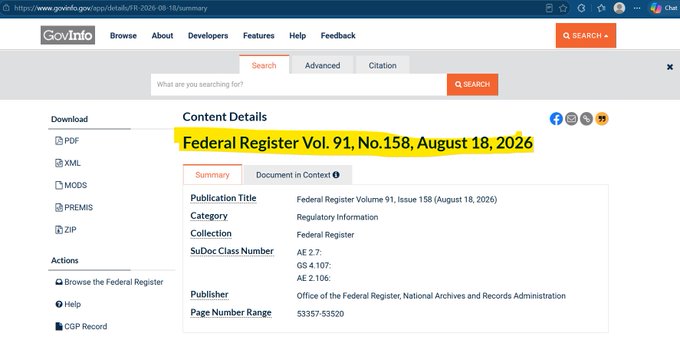 A screenshot of the GovInfo website displays the Content Details page for "Federal Register Vol. 91, No. 158, August 18, 2026," published by the Office of the Federal Register, providing the regulatory framework publication where the Treasury's GENIUS Act rules on payment stablecoin issuance would appear, with the noted effective date of January 18, 2027.