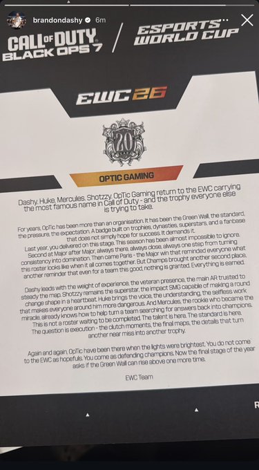 The image is an Instagram story from brandondaly about the Esports World Cup (EWC) featuring OpTic Gaming's Call of Duty: Black Ops 7 team, with DASHY, Huge, Mercury, and Shotzzy leading the roster. The post highlights that OpTic Gaming is "bringing the most famous name in Call of Duty" to the EWC, tying into the user's caption about the elite status of the event.