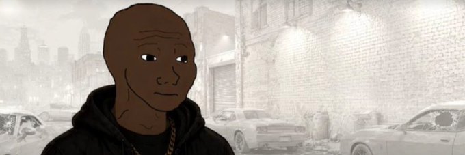 A cartoon-style illustration shows a bald, dark-skinned man wearing a black hoodie and a gold chain, set against a faded urban backdrop featuring brick buildings, city skyline silhouettes, and parked cars including one with a shattered windshield. The gritty street aesthetic complements the $BLAKJAK token's banner on Moby, evoking a raw, urban atmosphere fitting for a Solana memecoin community.