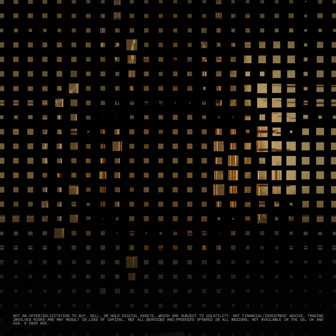 A golden grid of glowing squares against a black background forms an abstract pixelated pattern resembling gold bars or digital assets, with a disclaimer at the bottom reading "NOT AN OFFER/SOLICITATION TO BUY, SELL, OR HOLD DIGITAL ASSETS... © 2026 OKX." The shimmering gold mosaic visually reinforces the post's message about trading gold (XAU) event contracts on the OKX platform, symbolizing the opportunities and volatility of digital gold trading.