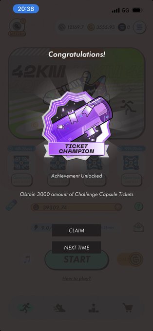 A mobile game achievement screen celebrating "Congratulations!" with a purple "TICKET CHAMPION" badge for obtaining 3000 Challenge Capsule Tickets, with Claim and Next Time buttons.