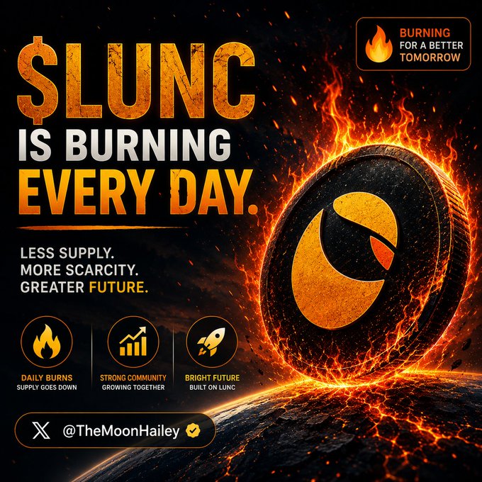 The image features an advertisement for Bitcoin, with a black background that highlights the text "Burning $LUNC is burning every day" written in orange letters above a black circle containing a flame. The text also mentions that the coin is burning for a better tomorrow and encourages users to buy back the coin if they want to help.