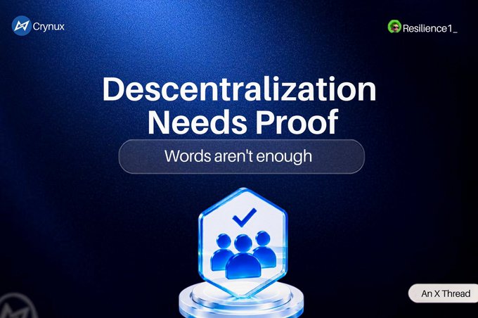 A graphic from Crynux titled 'Decentralization Needs Proof' with the subtitle 'Words aren't enough,' featuring a blue verification badge with checkmark and people icons.