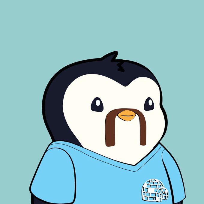 A cartoon penguin mascot character with a mustache wearing a blue shirt with a small ice/igloo icon on the chest, set against a light blue background.