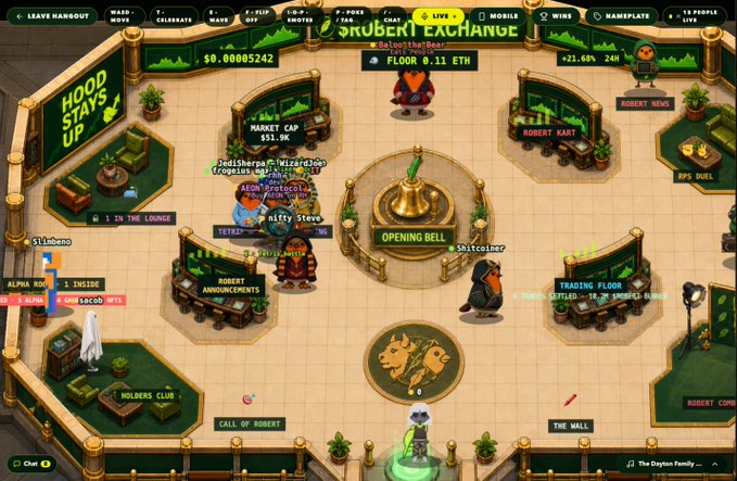 A pixel-art style virtual lobby called 'ROBERT EXCHANGE' featuring avatars, an 'OPENING BELL', and sections like 'MARKET CAP' and 'TRADING FLOOR'.