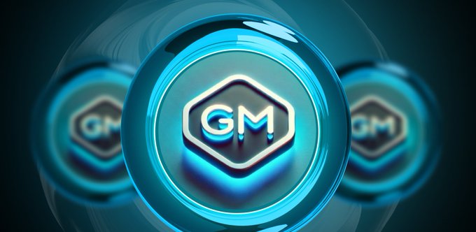 A glowing blue hexagonal 'GM' token emblem against a dark background, commonly used in crypto social media greetings.