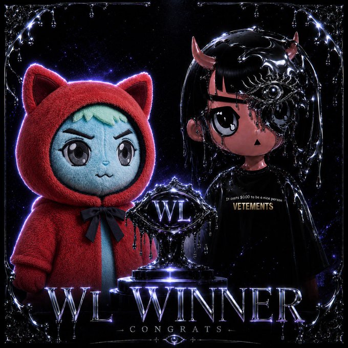 A 'WL WINNER CONGRATS' graphic featuring two stylized 3D animated characters—one in a red cat hoodie and another in a black Vetements shirt with a dripping eye design—flanking a WL trophy/lipstick emblem.