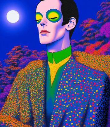 The image features a man wearing a colorful, patterned jacket that stands out against the dark blue background. The man has green eyes and yellow-glowing skin, giving him an ethereal appearance. He appears to be looking off into space or gazing at something in the distance. The surrounding environment is filled with trees and flowers, adding depth and complexity to the scene. The post includes a link to GM Legends' website, which might provide more information about the artist or the inspiration behind this unique piece of art.