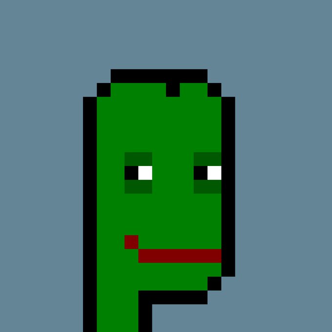 A pixel art rendering of a green, blocky character face with small eyes and a red mouth on a gray background.