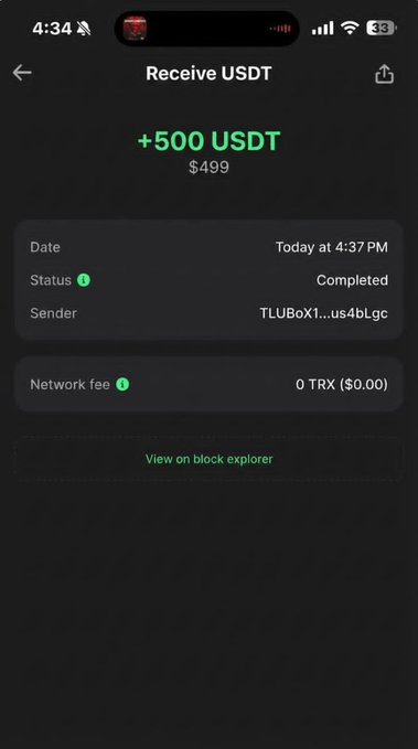 A mobile screen displays a completed crypto transaction receipt showing "+500 USDT" (valued at $499) received today at 4:37 PM, with no network fee, supporting the celebratory post about making money.