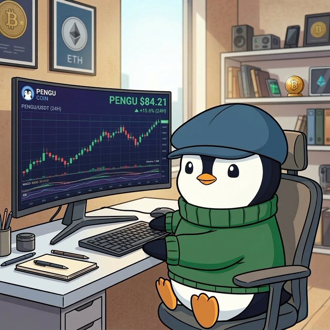A cartoon penguin wearing a newsboy cap and green sweater sits at a desk analyzing a trading chart showing "PENGU COIN" at "$84.21" with a "+15.6% (24H)" gain on a PENGU/USDT 24-hour chart. The cozy crypto-themed setup, featuring Bitcoin and Ethereum posters alongside shelves of crypto memorabilia, matches the lighthearted "GM" (good morning) greeting vibe with the penguin spreading its own cheerful energy to the crypto community.
