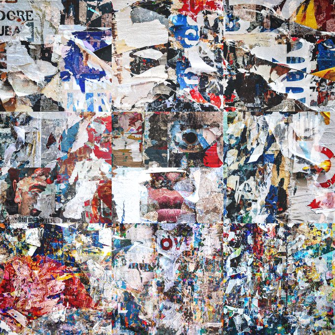 A heavily textured collage artwork composed of torn and layered posters, paint fragments, and debris in red, blue, white, and black, with partially visible text like 'LIVES ON TINI' and 'OV'.