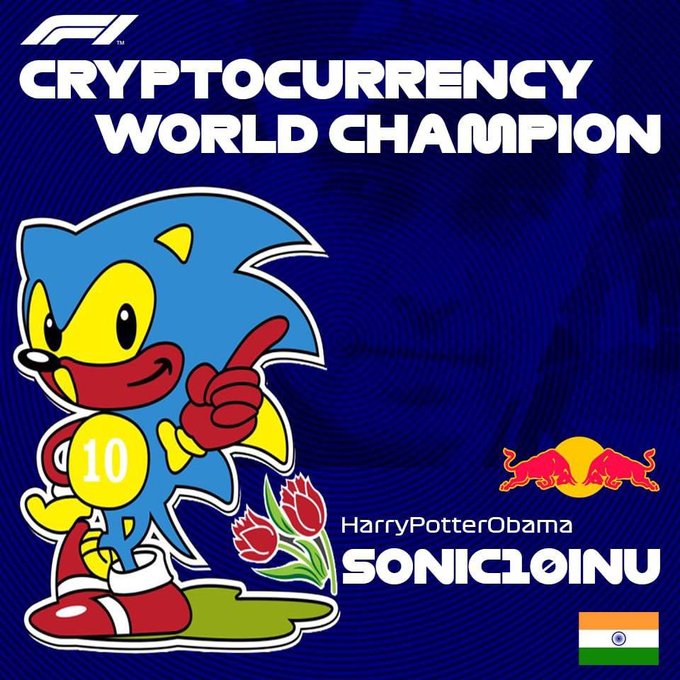 A dark blue graphic titled 'CRYPTOCURRENCY WORLD CHAMPION' features a Sonic the Hedgehog character holding a '10' coin, alongside 'SONIC10INU,' 'HarryPotterObama,' Red Bull and Dutch tulip logos, and an Indian flag.