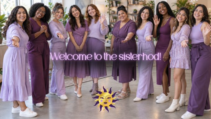 A promotional image titled 'Welcome to the sisterhood!' featuring a diverse group of women dressed in coordinated purple/lavender outfits, with a sun graphic at the bottom.