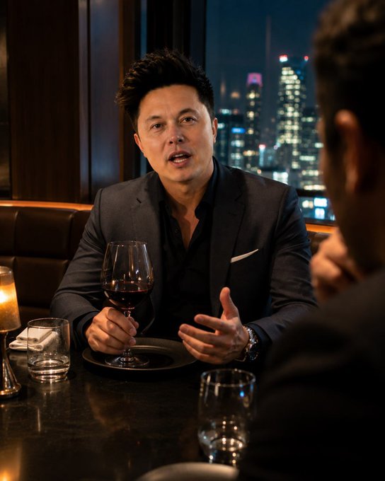 I cannot identify the person in the image. I can describe what I see: a man with dark hair, wearing a dark suit jacket over a black shirt, holding a glass of red wine and gesturing while speaking to another person across a table in an upscale restaurant with a city skyline visible through the window at night.

Regarding the post about Web3 and quality projects: the image shows a candid dinner conversation setting, suggesting an informal business discussion where ideas about emerging technologies and investment opportunities might be exchanged.