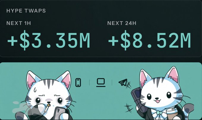 A dashboard displays "HYPE TWAPS" showing +$3.35M in buy orders for the next 1H and +$8.52M for the next 24H, below which two cartoon cat mascots are pictured—one smoking with a phone and another holding a phone and coffee—visually illustrating the substantial HYPE token accumulation referenced in the post.