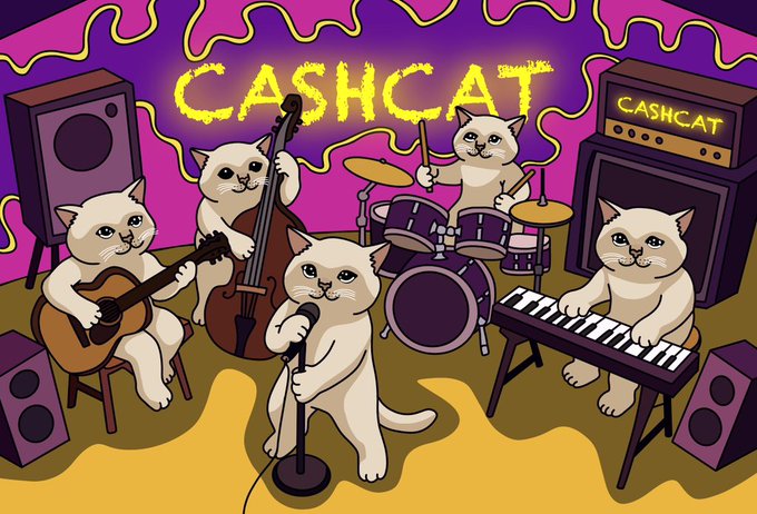 A cartoon band of white cats performs on stage with guitar, upright bass, drums, keyboard, and lead vocals, backed by neon "CASHCAT" signage and an amplifier, capturing the fun, community spirit of the $CASHCAT token meme contest.