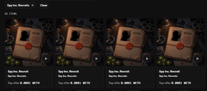 An NFT marketplace listing displays 26 items titled 'Spy Inc. Recruit' with a top offer of 0.0061 WETH each.