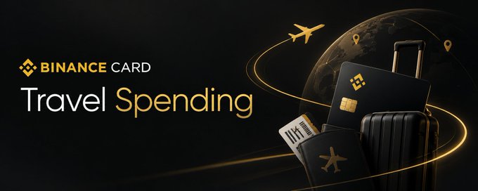 A promotional graphic with a black and gold color scheme featuring a Binance Card, luggage, passport, and airplane orbiting a globe, alongside the text "BINANCE CARD Travel Spending." The image visually reinforces the post's message about using the Binance Card for convenient travel-related expenses like hotels, transport, food, and shopping.