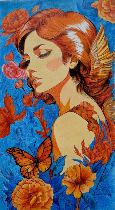 A colorful painted illustration of a red-haired woman with closed eyes surrounded by orange flowers, a monarch butterfly, and wing-like elements against a vivid blue background.