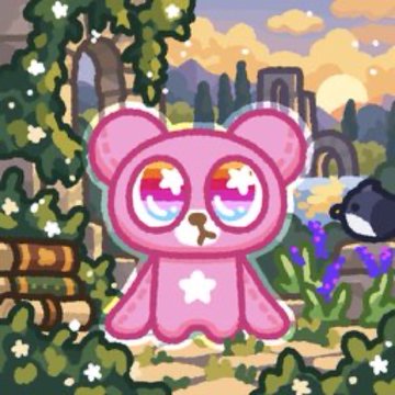 A cartoon illustration of a pink bear-like character with large, glossy rainbow eyes standing in a pixel-art garden setting with books and flowers.