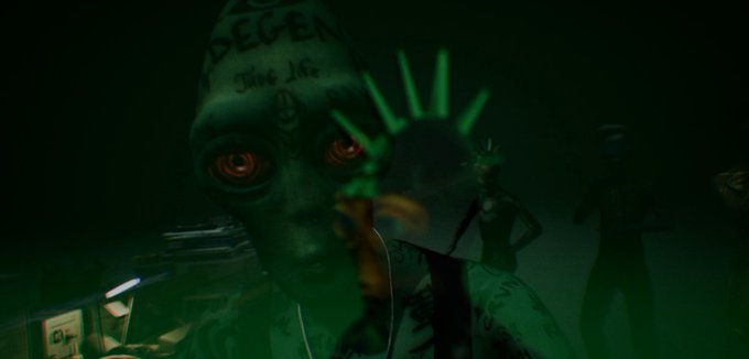 A dark, stylized 3D rendered image showing a person in a hoodie with glowing red eyes and 'DEGEN' written on their forehead, surrounded by other figures in a green-lit environment.