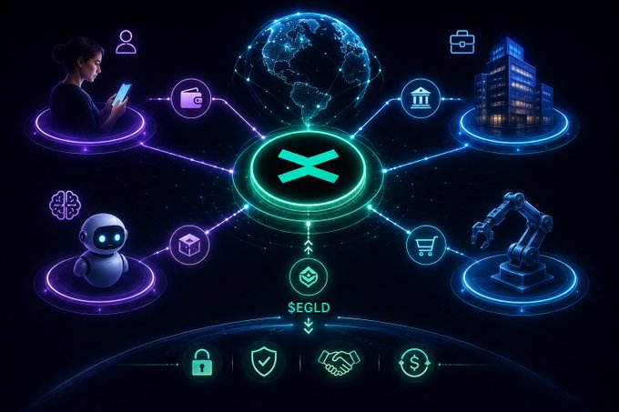 The image presents a futuristic scene of people interacting with technology, including robots and AI agents, set against a dark background. The main focus is on a large globe surrounded by various objects such as buildings, boxes, and other symbols representing different aspects of modern life. The caption above the image reads "The key question is whether the future internet needs a decentralized economic layer? Humans, businesses, AI agents, and machines own assets, establish trust, and exchange goods." This suggests that the image raises an important discussion about the potential impact of technology on the future of commerce and the economy.