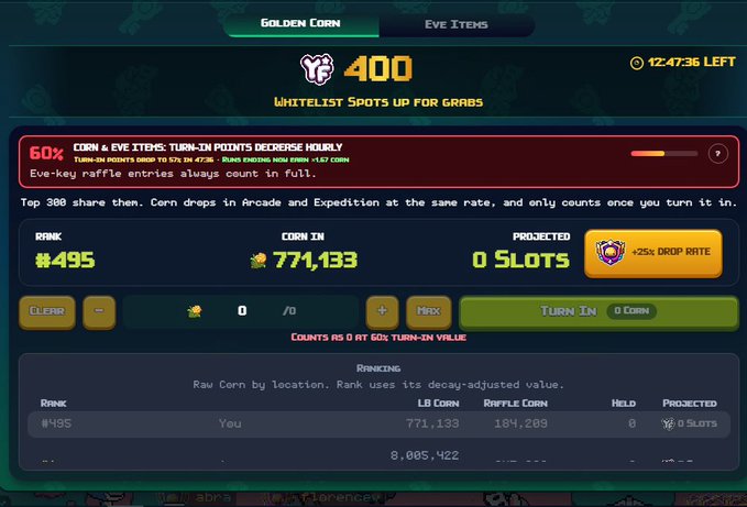 A 'Golden Corn' whitelist event page showing rank #495, 771,133 corn in, a 400 corn cost, and 0 slots, with a note that turn-in points decrease hourly by 60%.