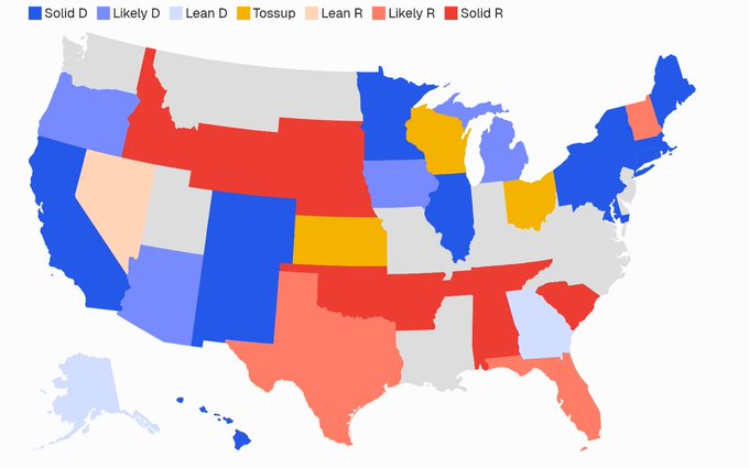A U.S. presidential election forecast map showing states color-coded as Solid D (Democratic), Likely D, Lean D, Tossup, Lean R, Likely R, or Solid R (Republican), with blue and red shading across the country.