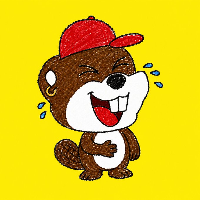A cartoon beaver wearing a red backwards cap and gold hoop earring laughs hysterically with tears flying, set against a bright yellow background. The image ties into the post's theme of "$CNDB" (Conan Doge Beavers) celebrating the meme coin's official launch, with the same beaver mascot marking a new milestone.